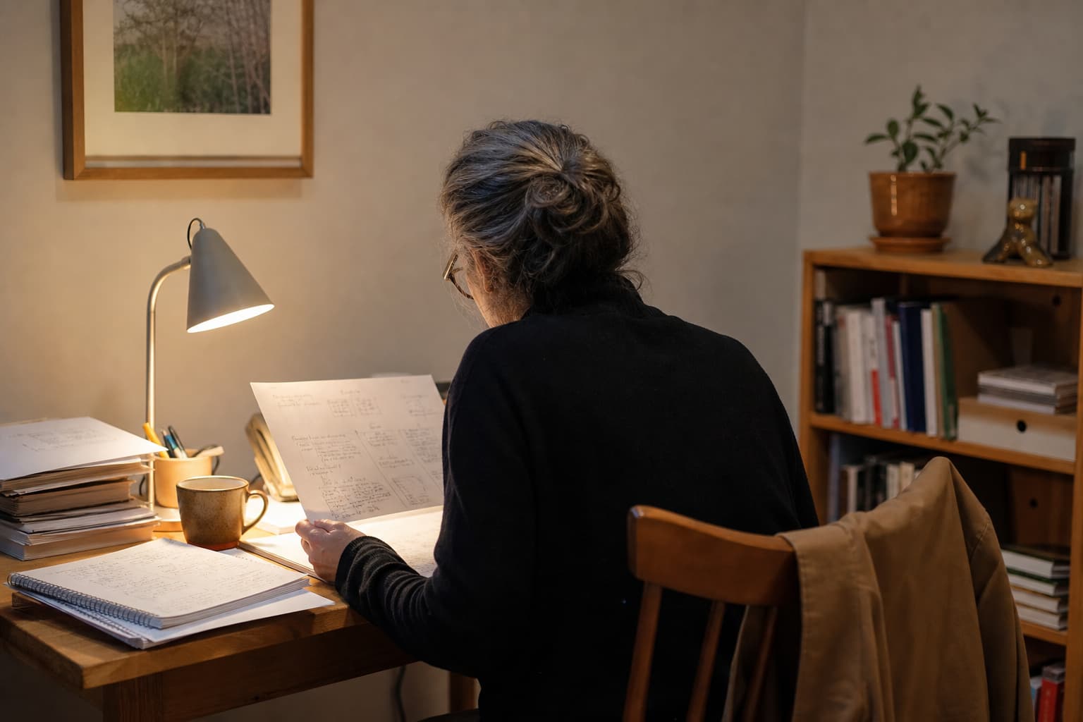 Illustration générée par IA : une spécialiste en cybersécurité vue de dos examine des notes imprimées et des journaux techniques dans un petit bureau aménagé à domicile.