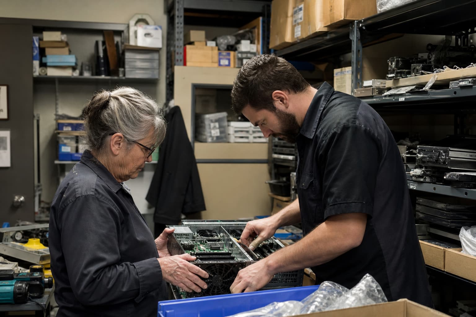 Illustration générée par IA : arrière-boutique d’un atelier québécois, deux techniciens examinent un serveur compact sous une lumière fluorescente ordinaire.