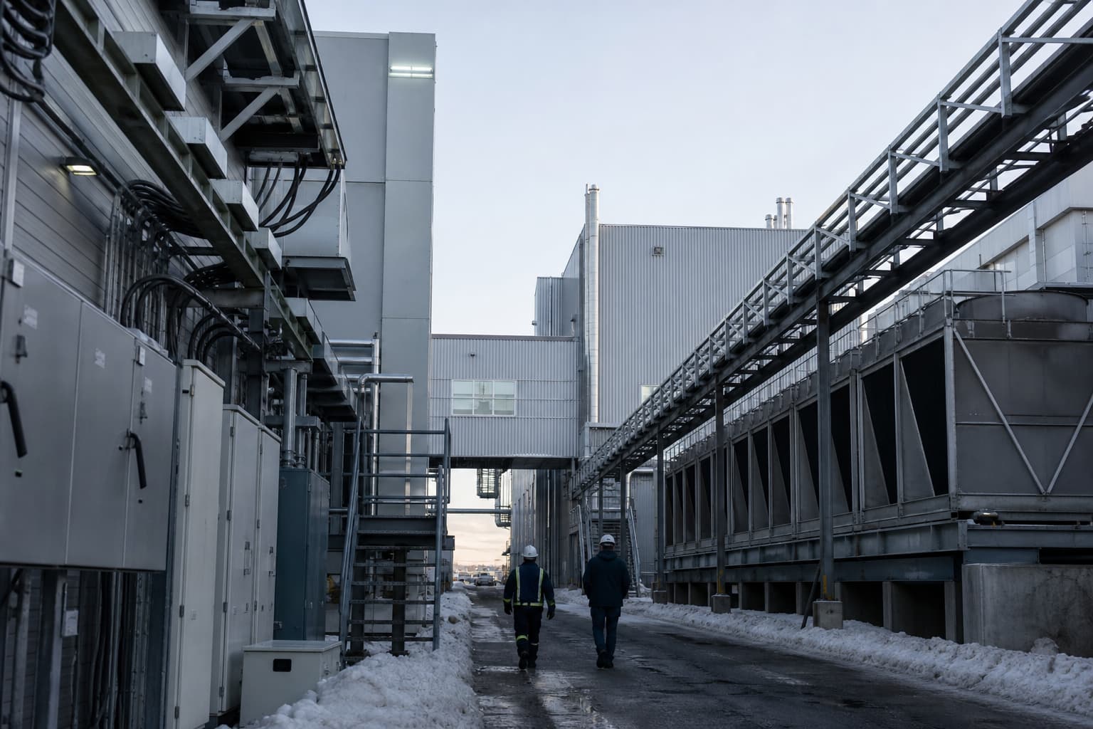 Illustration générée par IA : centre de données vu depuis un passage technique extérieur, avec deux techniciens de dos près d’équipements électriques.