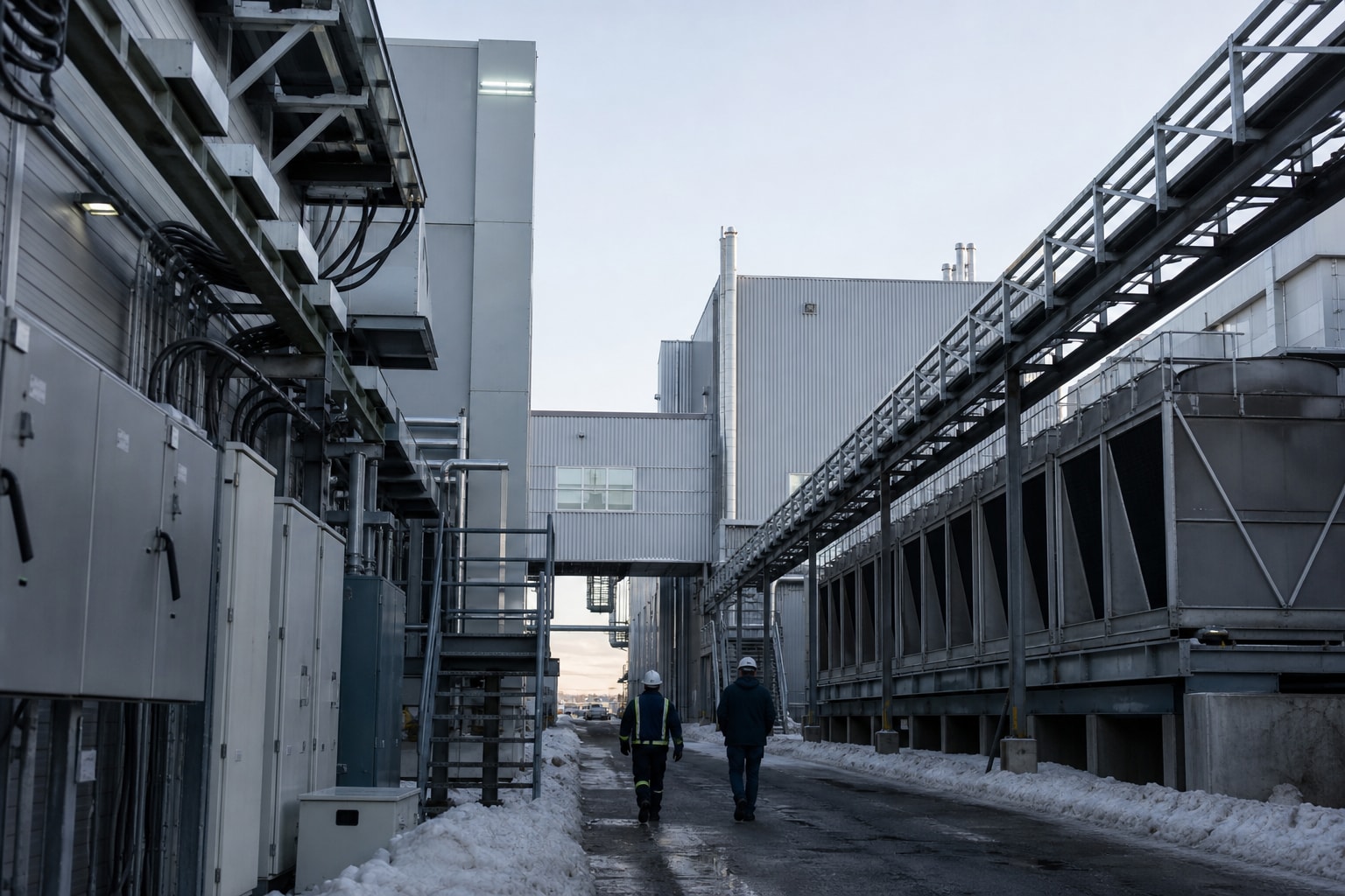 Illustration générée par IA : centre de données vu depuis un passage technique extérieur, avec deux techniciens de dos près d’équipements électriques.