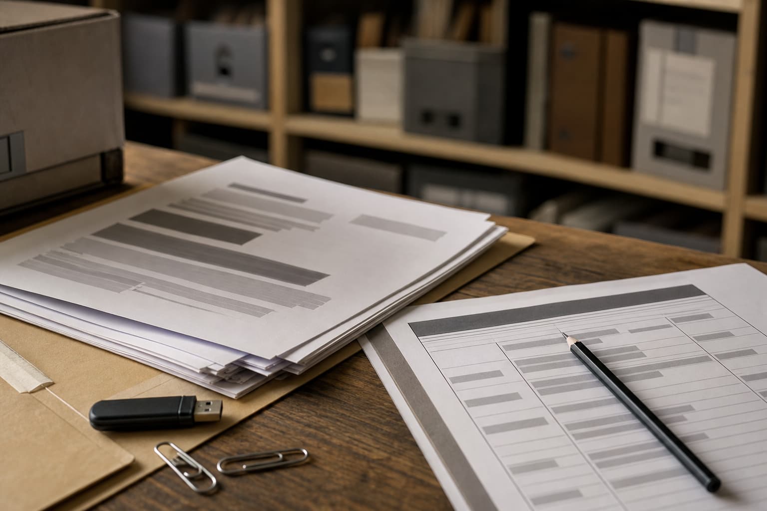 Illustration générée par IA : gros plan sur un document imprimé anonymisé par des jetons, une clé USB, un crayon et une fiche de contrôle sur une table de bois éclairée de côté.