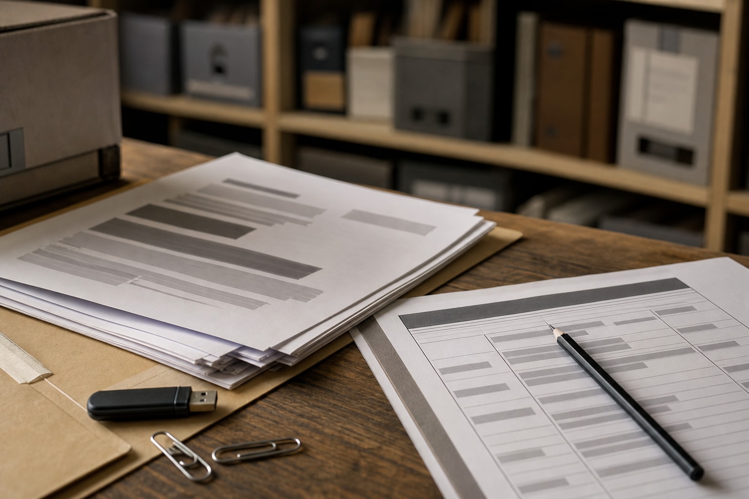 Illustration générée par IA : gros plan sur un document imprimé anonymisé par des jetons, une clé USB, un crayon et une fiche de contrôle sur une table de bois éclairée de côté.