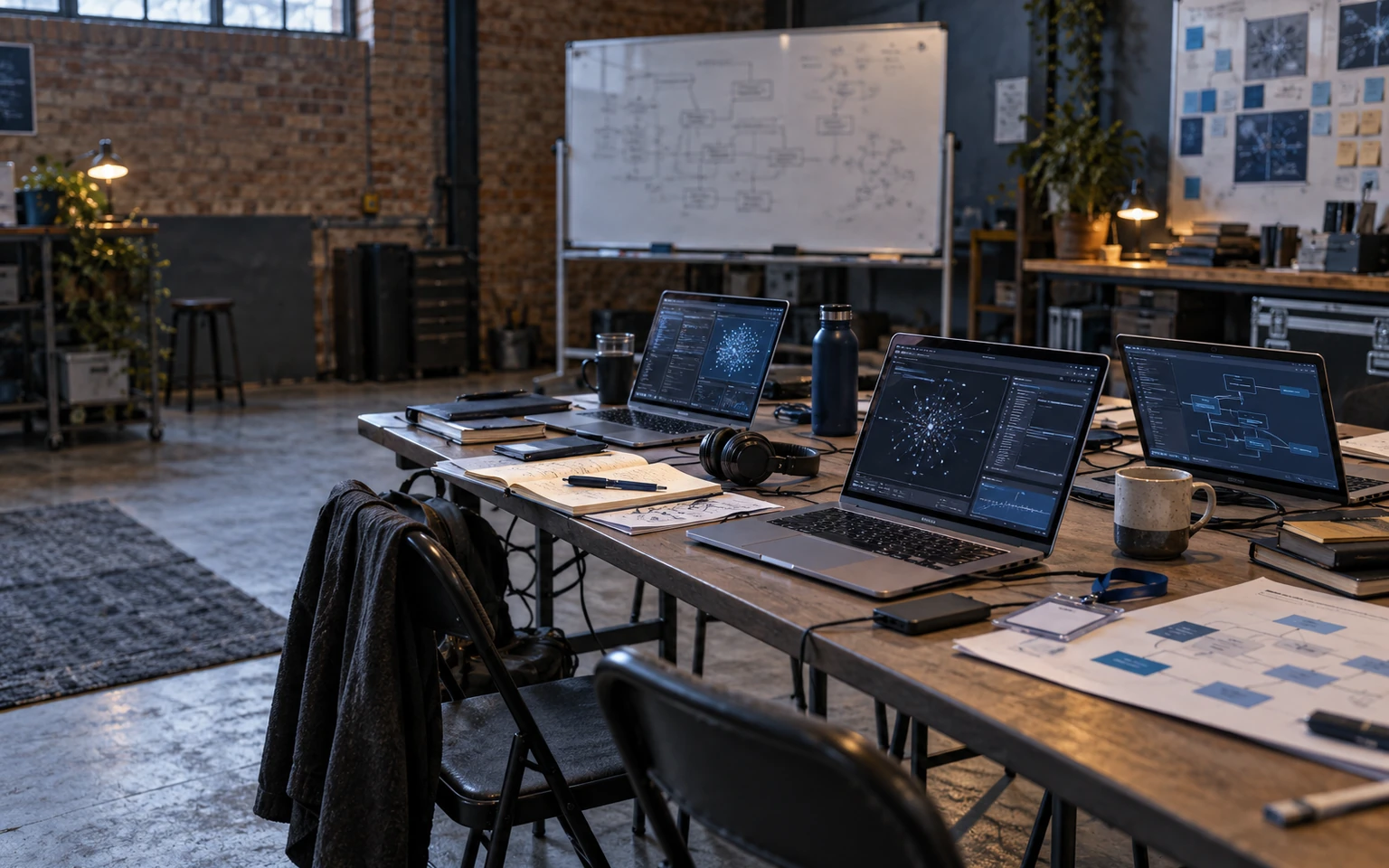 Illustration générée par IA : une salle de formation technique vide contient trois ordinateurs portables, des carnets et des cartes de processus après un atelier pratique.