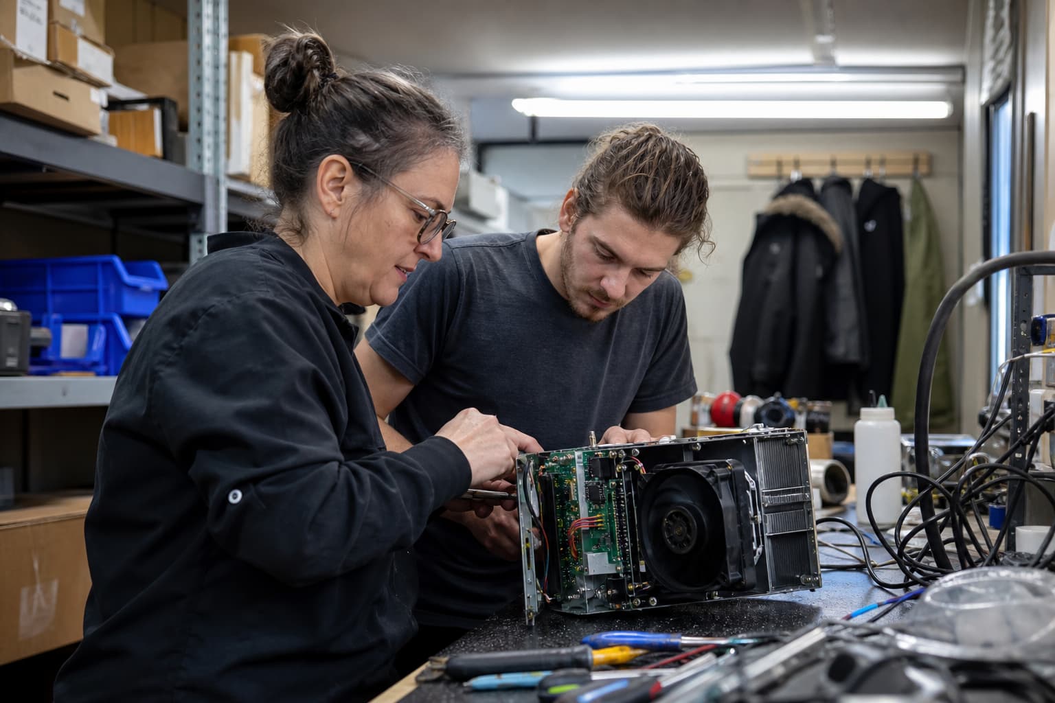 Illustration générée par IA : arrière-boutique d’un petit atelier québécois de réparation d’équipement de laboratoire, où une technicienne d’âge mûr et un jeune collègue examinent un module