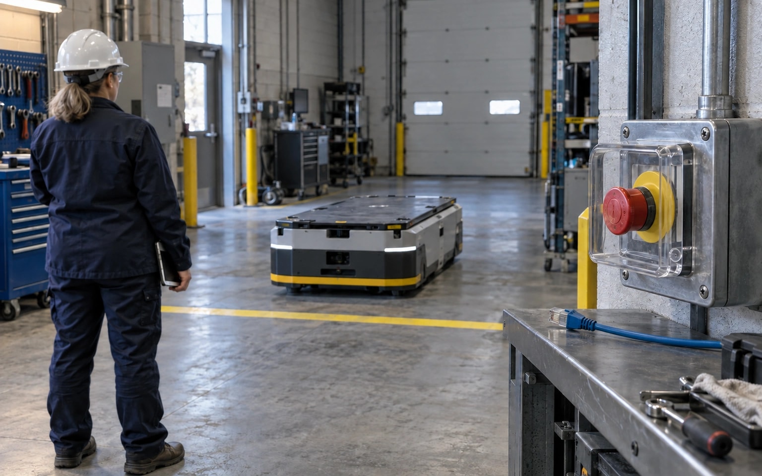 Illustration générée par IA : dans un atelier de maintenance, une technicienne vue de dos observe un chariot autonome immobilisé derrière une ligne jaune; un bouton d’arrêt rouge et un câble réseau débranché occupent le premier plan.
