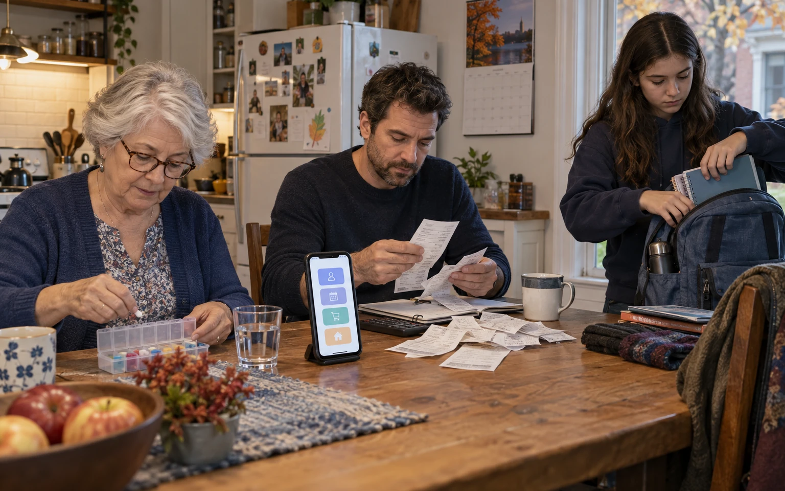 Illustration générée par IA : trois membres d’une famille de générations différentes accomplissent leurs tâches autour d’une table de cuisine où un téléphone affiche des cartes d’assistant abstraites.