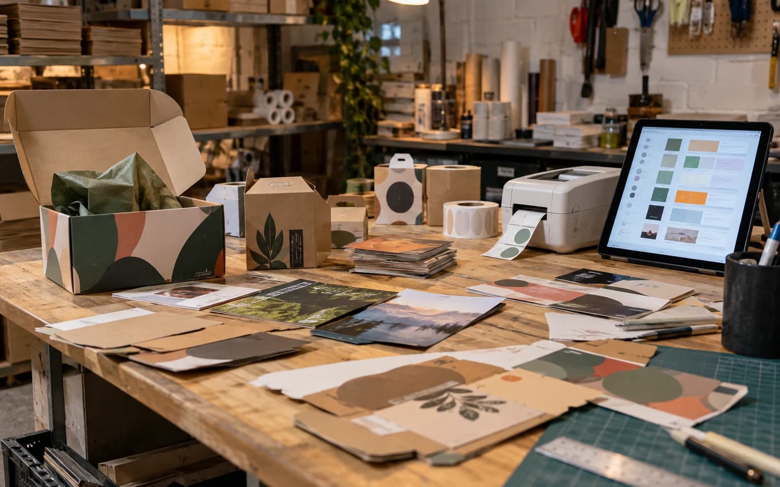 Illustration générée par IA : des emballages, des étiquettes et des dépliants aux styles variés sont éparpillés sur la table d’un petit atelier d’impression.