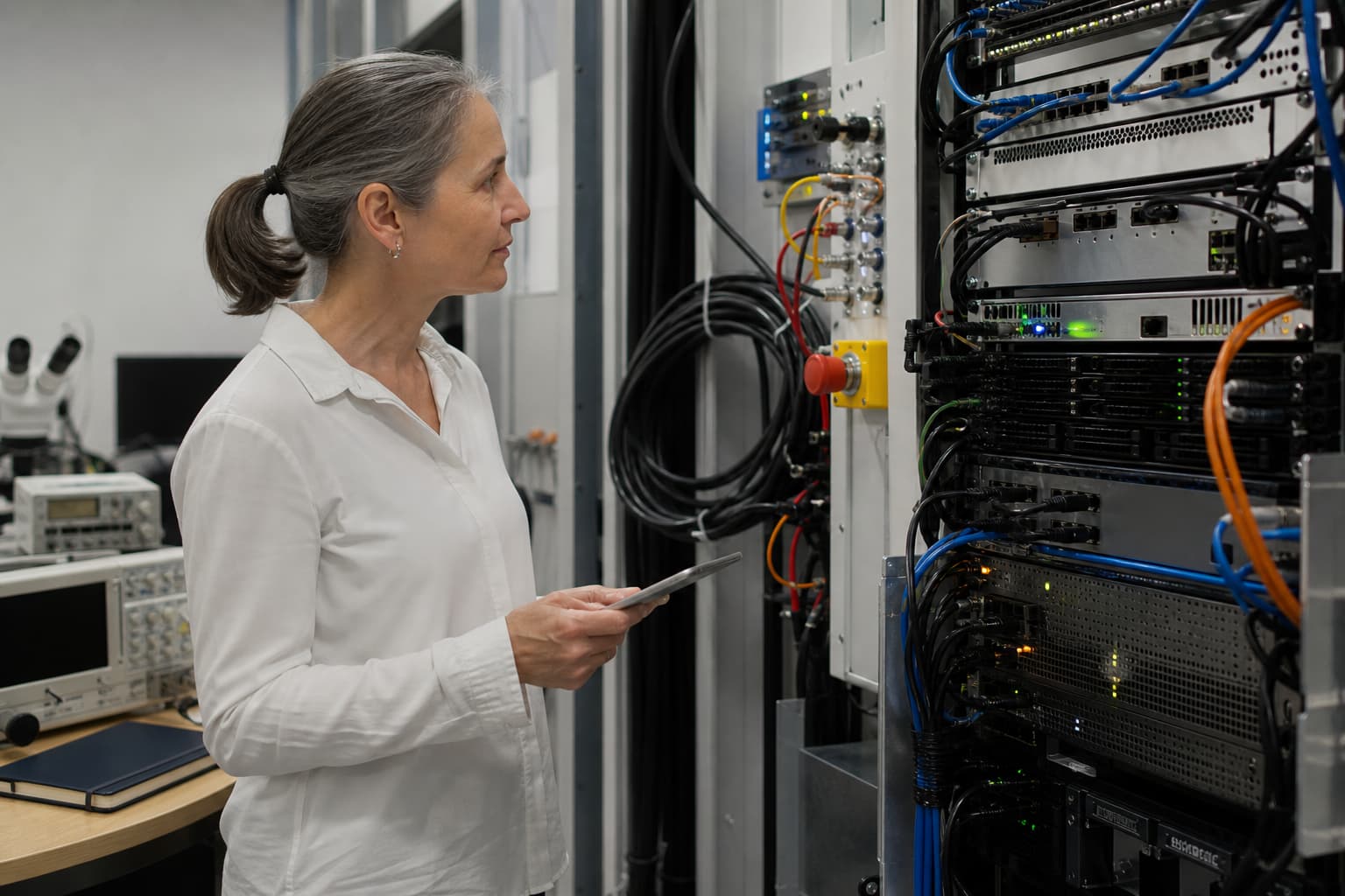 Illustration générée par IA : vue latérale d’un laboratoire informatique réaliste où une spécialiste inspecte des serveurs et des dispositifs de coupure physique, sans regarder la caméra.