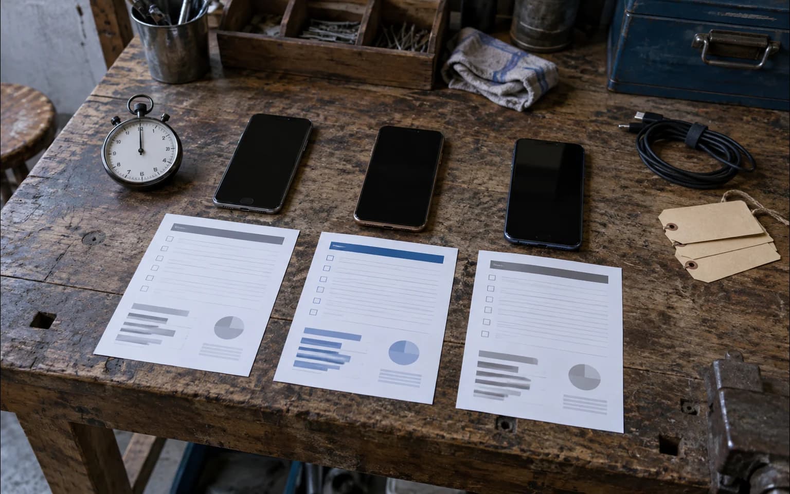 Illustration générée par IA : trois téléphones, trois fiches d’évaluation et un chronomètre sont alignés sur un établi en bois.