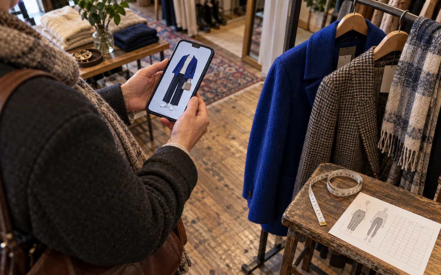Illustration générée par IA : une cliente vue de dos compare sur son téléphone une tenue virtuelle avec des manteaux suspendus dans une petite boutique.