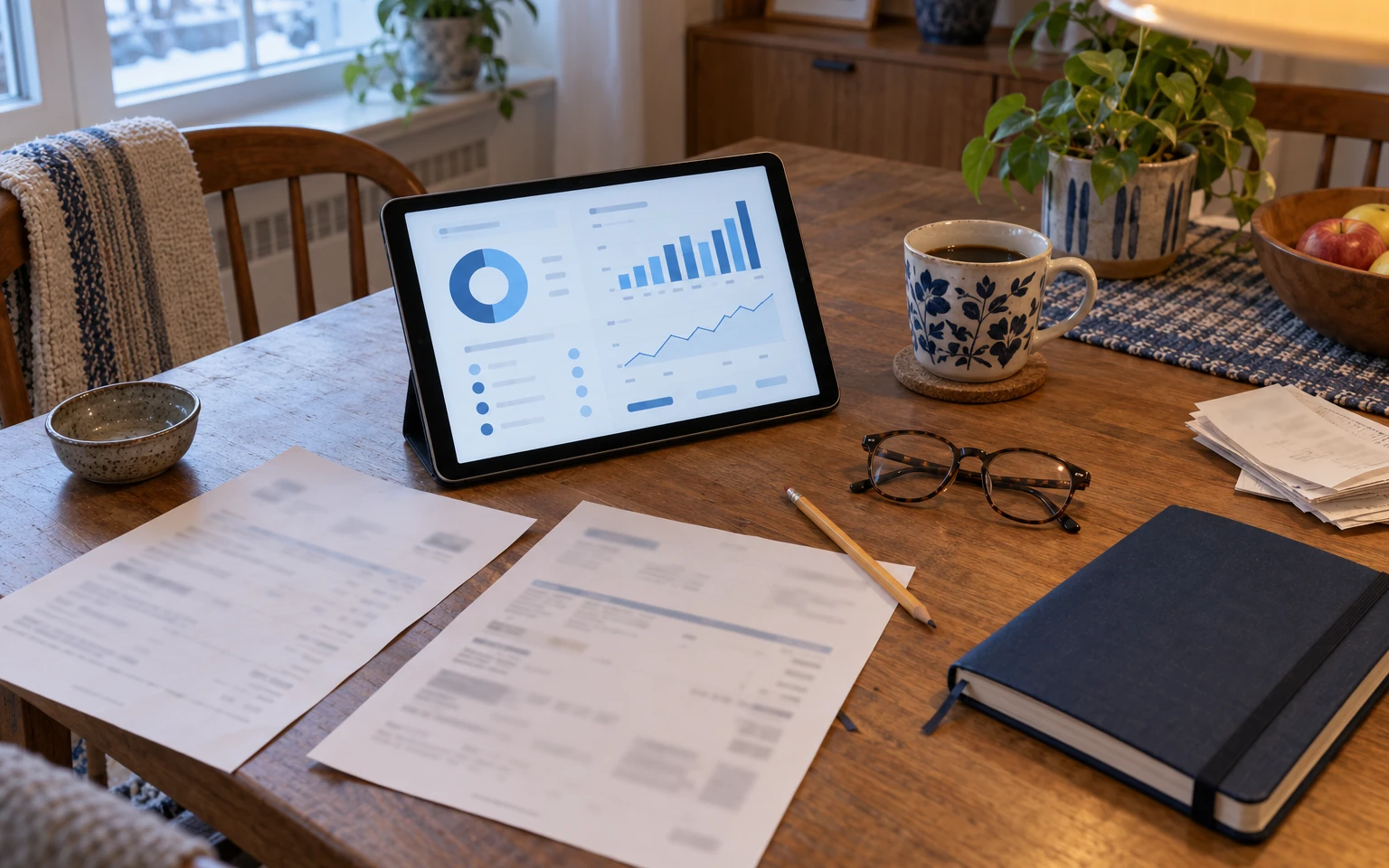 Illustration générée par IA : une tablette affiche des graphiques financiers abstraits sur une table de salle à manger, près de factures floutées, de lunettes et d’un carnet de budget fermé.