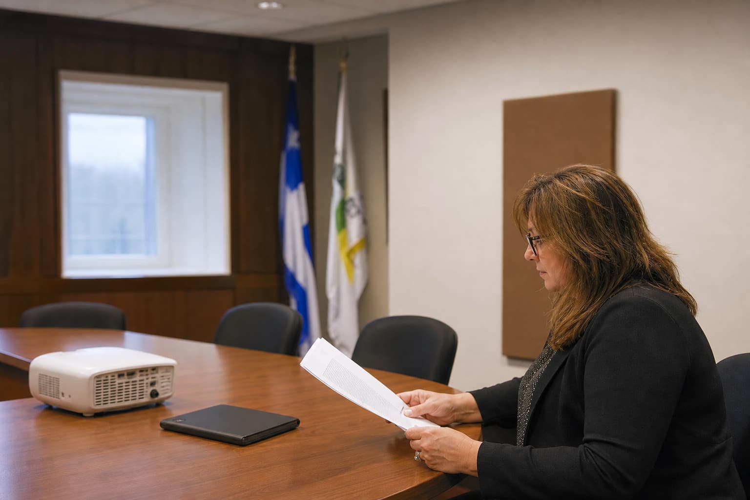Illustration générée par IA : dans une salle municipale sobre, une gestionnaire relit un document imprimé près d’une tablette fermée, en cadrage asymétrique.