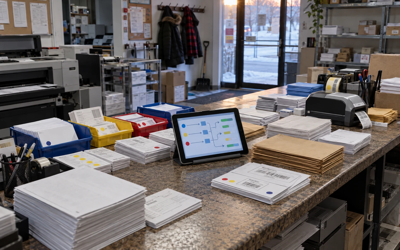 Illustration générée par IA : un atelier d’impression québécois vide au petit matin contient des piles de formulaires, des enveloppes et des bacs colorés autour d’une tablette affichant un schéma abstrait de tri.