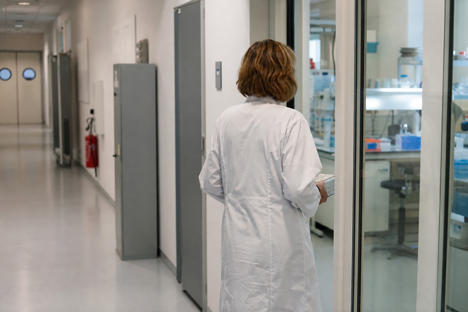 Illustration générée par IA : corridor sobre d’un centre de recherche, avec une technicienne de dos transportant une boîte d’échantillons vers une salle vitrée.