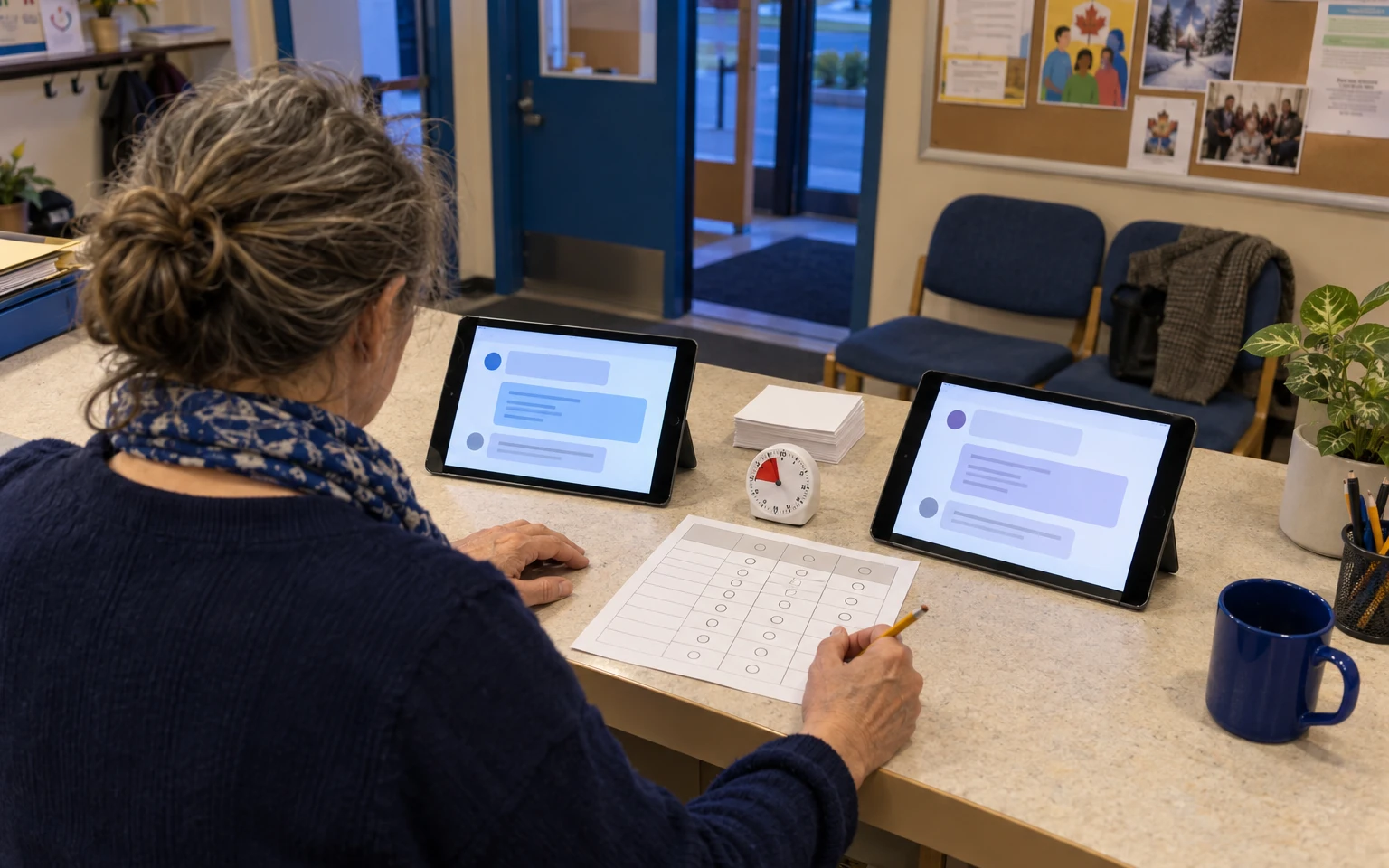 Illustration générée par IA : une coordonnatrice de centre communautaire, vue de dos, évalue à l’aveugle les réponses affichées sur deux tablettes identiques à l’aide d’une grille papier.