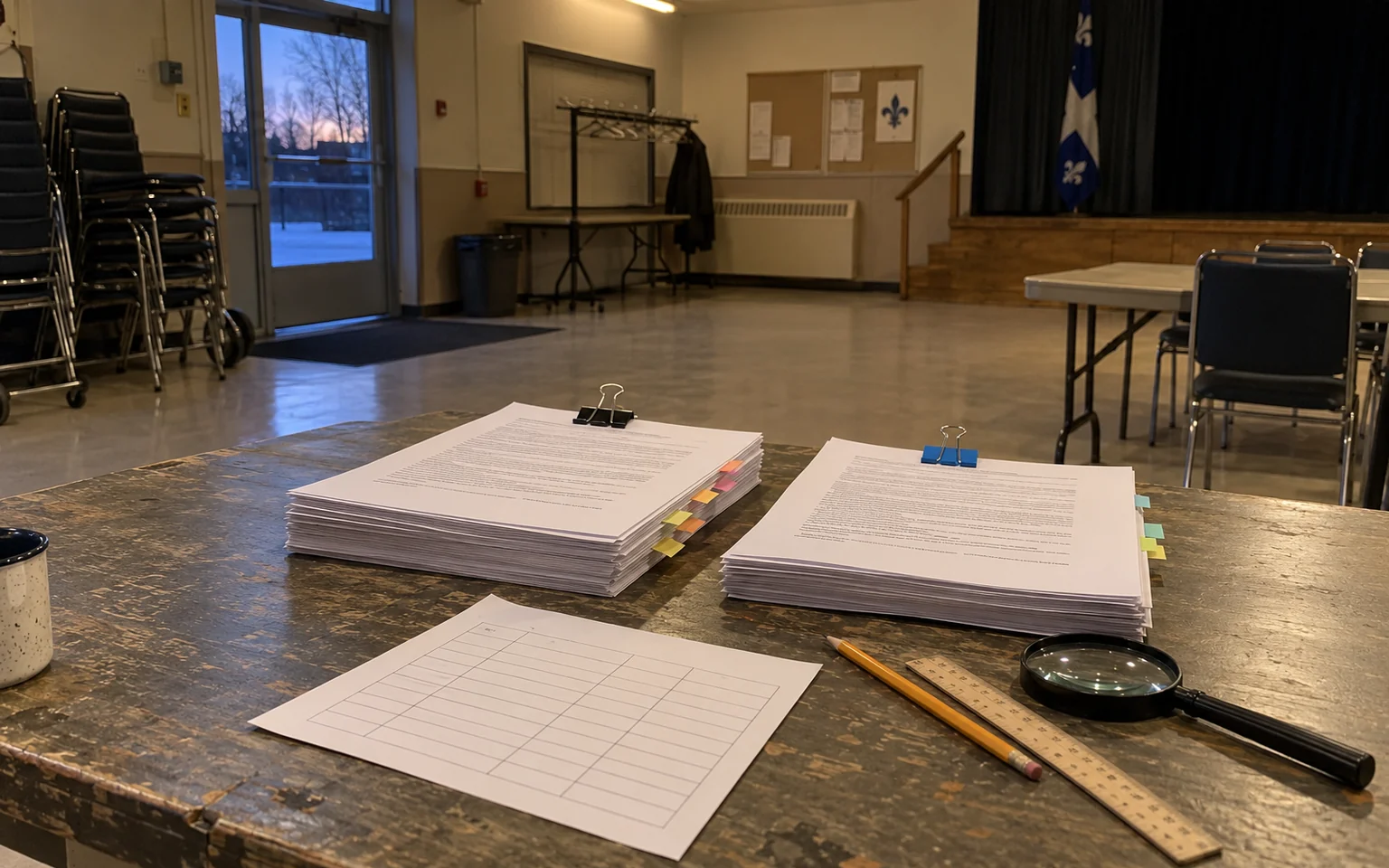 Illustration générée par IA : deux versions imprimées d’un document, marquées par des onglets colorés, sont comparées sur une table dans une salle communautaire vide.
