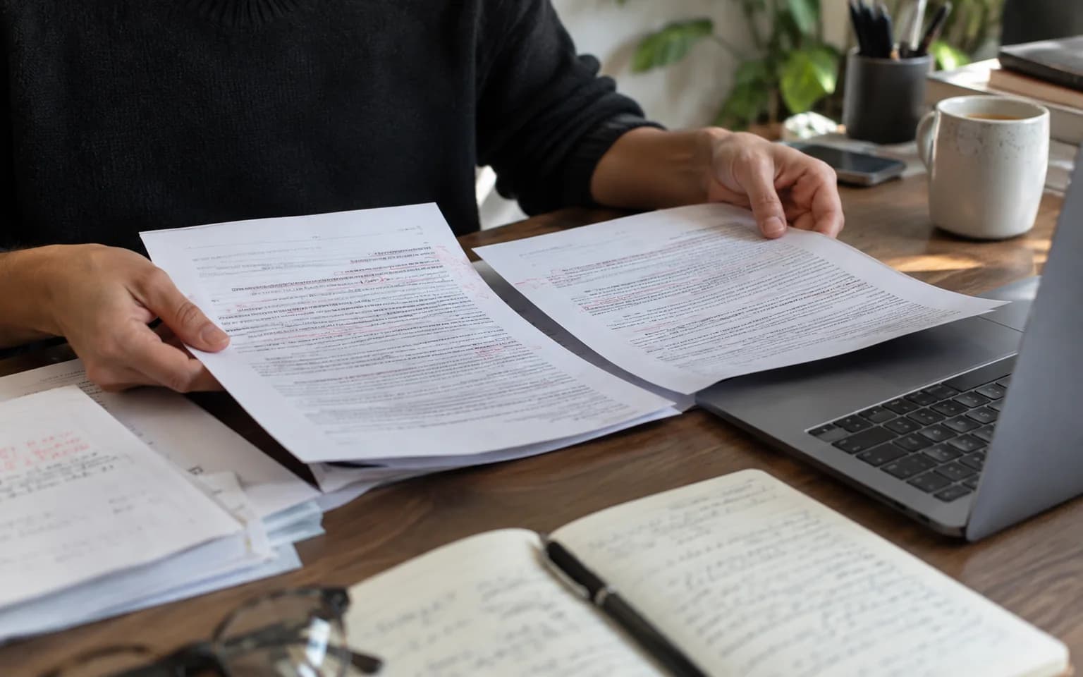 Photo générée par IA : deux versions imprimées d’un document sont comparées sur un bureau.
