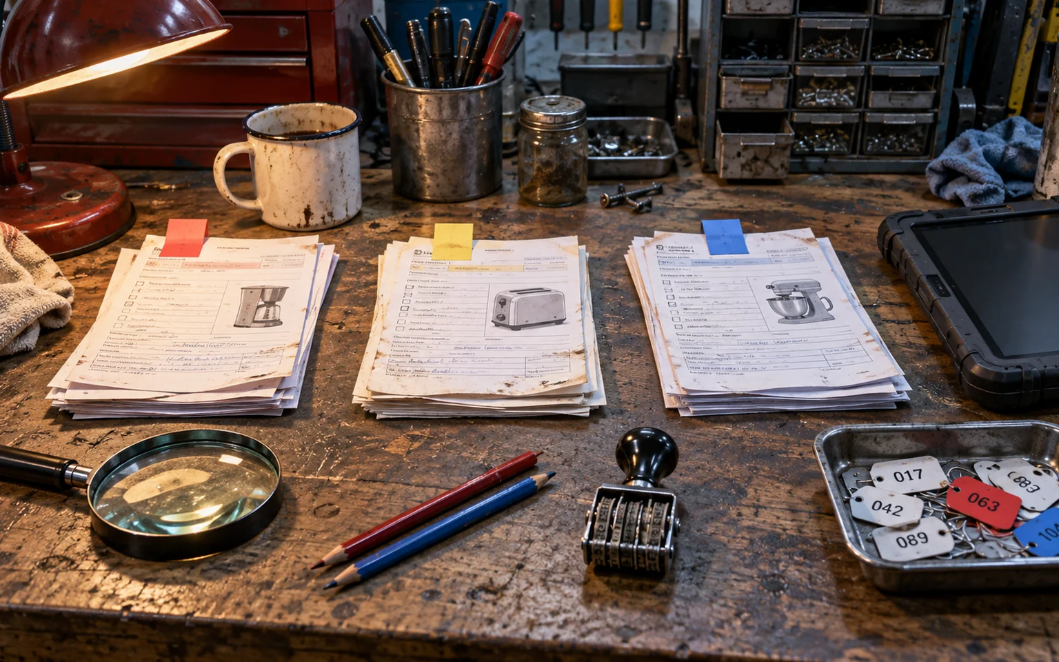 Illustration générée par IA : trois piles de fiches de service marquées par des onglets colorés sont révisées sur l’établi usé d’un atelier de réparation.