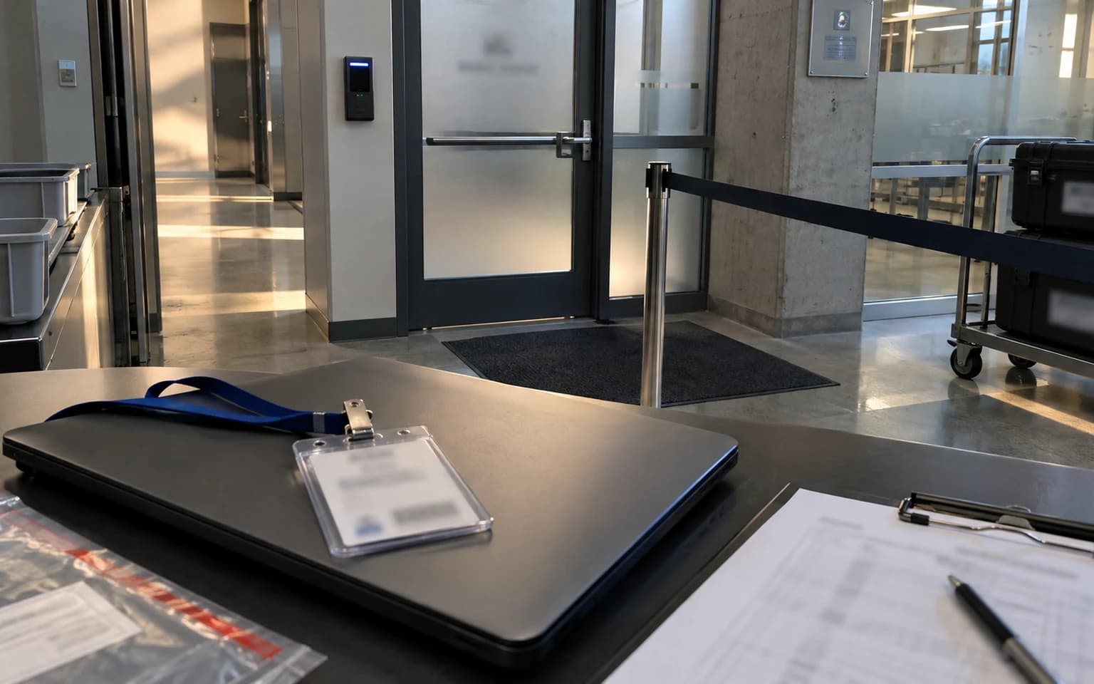 Illustration générée par IA : un portable fermé et un laissez-passer attendent à l’entrée sécurisée d’un laboratoire de recherche.