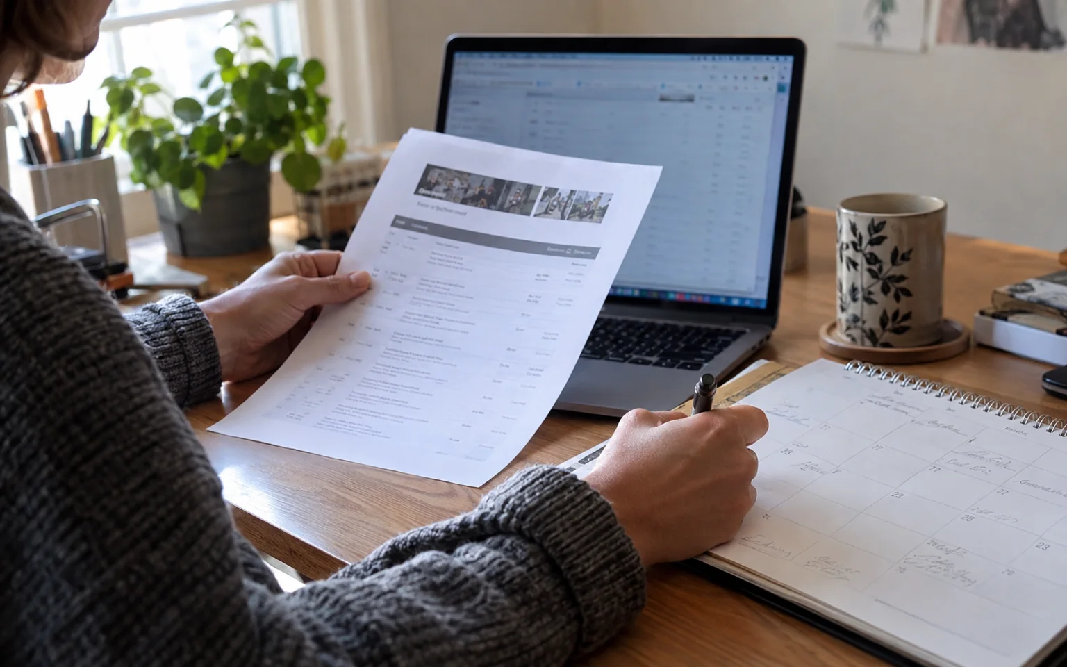 Photo générée par IA : une personne compare un calendrier papier à un document sur son ordinateur.