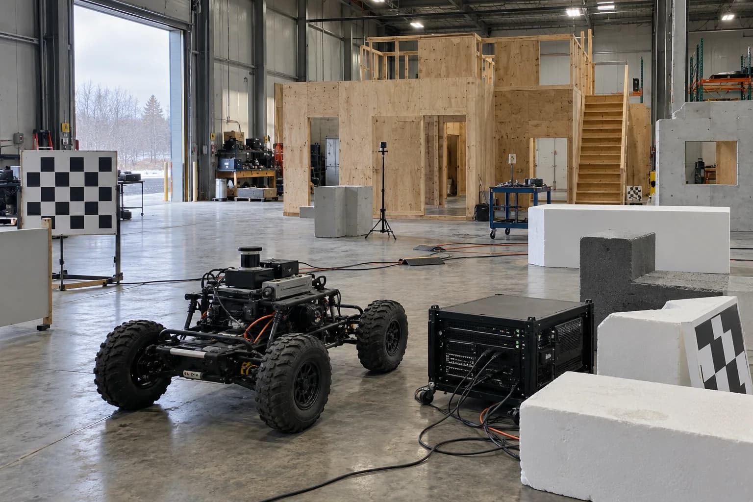 Illustration générée par IA : un véhicule robotisé, un serveur compact et des panneaux de calibration occupent un vaste hall d’essai industriel sans personnel.