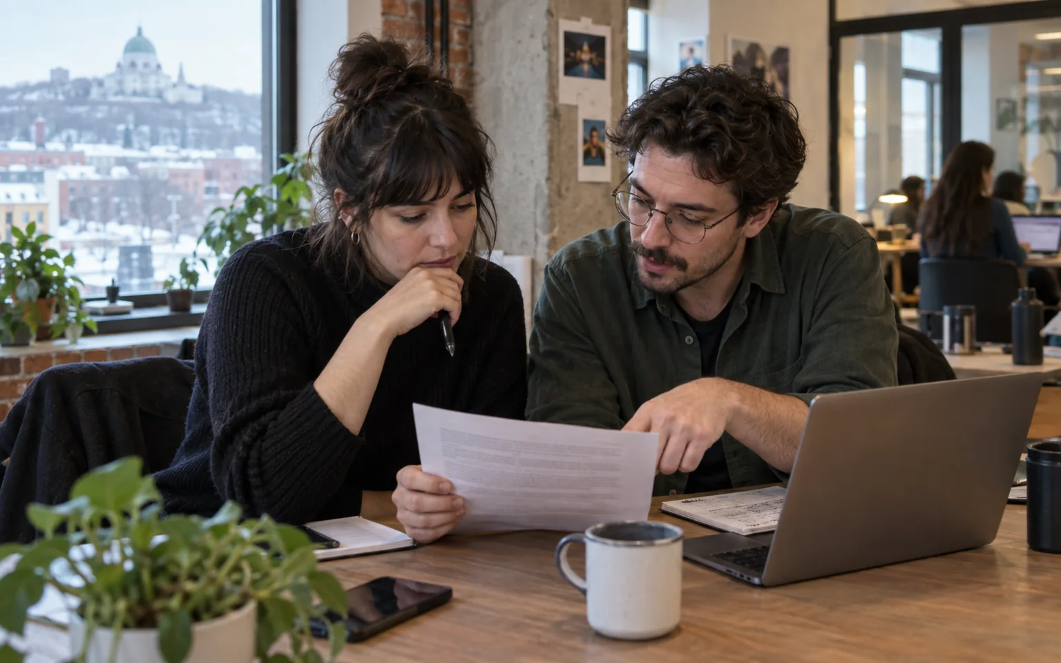 Photo générée par IA : deux collègues francophones relisent ensemble un document.