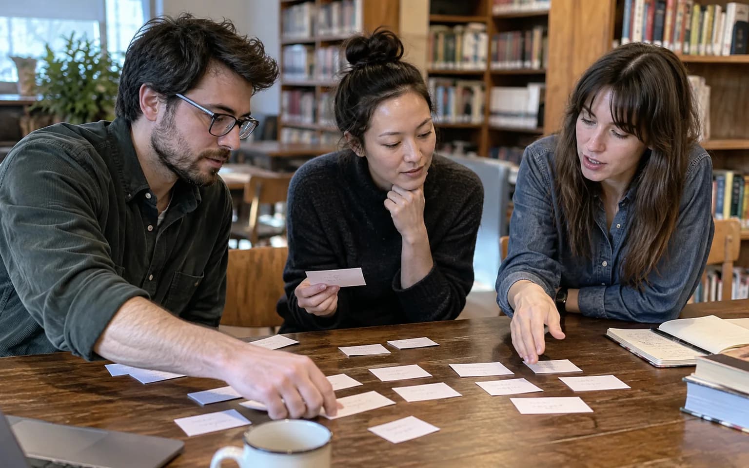 Photo générée par IA : trois collègues organisent des fiches pour construire un glossaire commun.