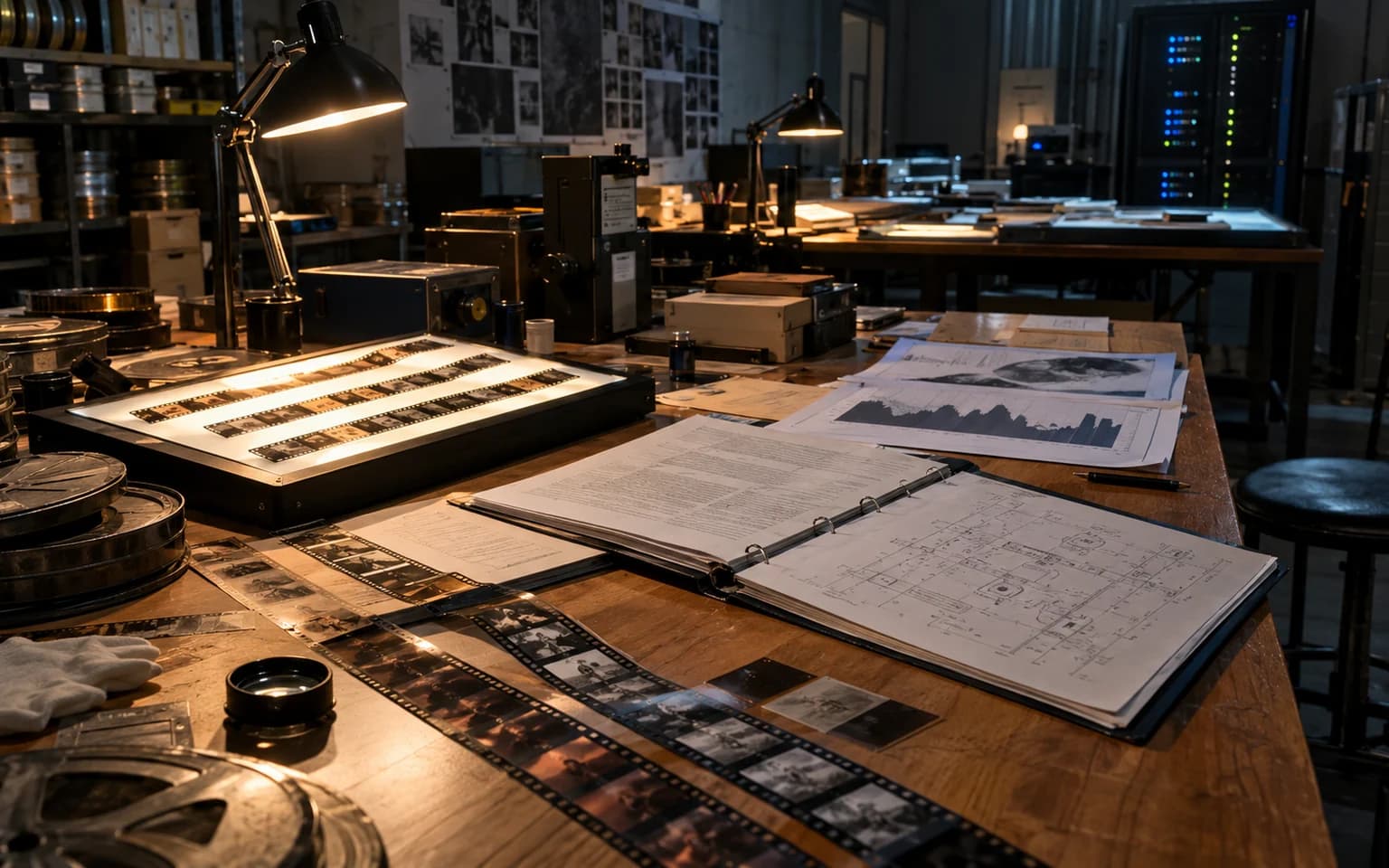 Illustration générée par IA : des bobines de film, des documents, des graphiques et des plans techniques couvrent les tables d’une salle d’archives éclairée la nuit.