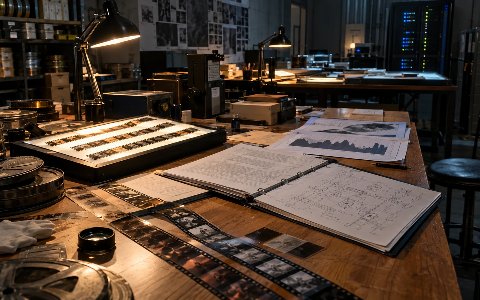 Illustration générée par IA : des bobines de film, des documents, des graphiques et des plans techniques couvrent les tables d’une salle d’archives éclairée la nuit.