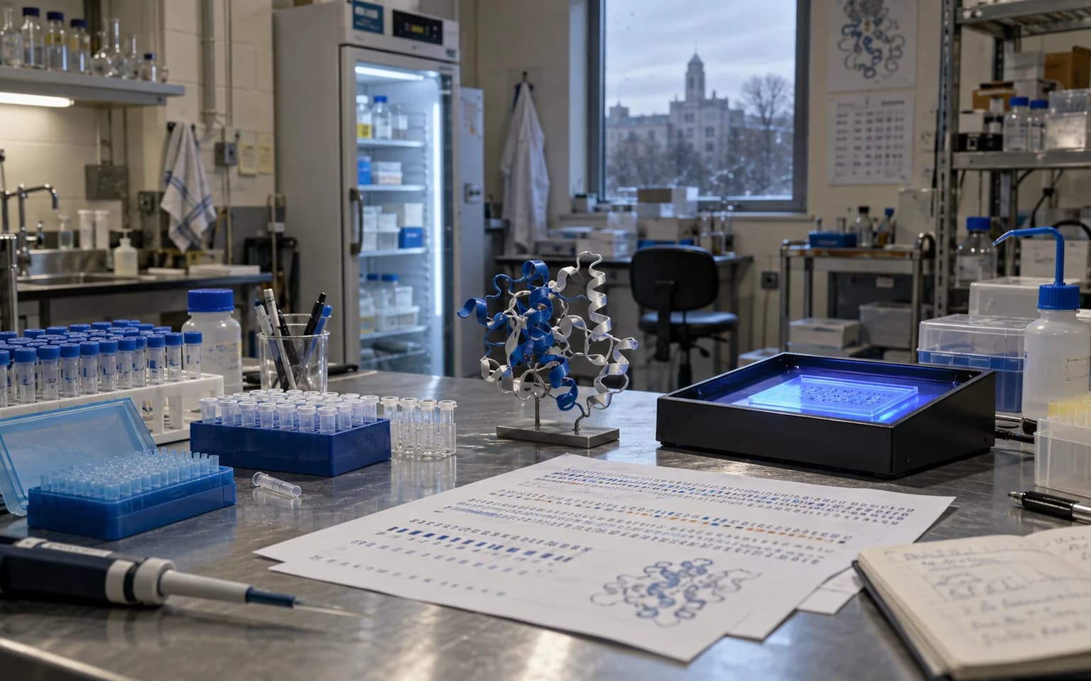 Illustration générée par IA : des échantillons, une maquette de protéine et des feuilles de séquences reposent sur la paillasse d’un laboratoire universitaire vide.