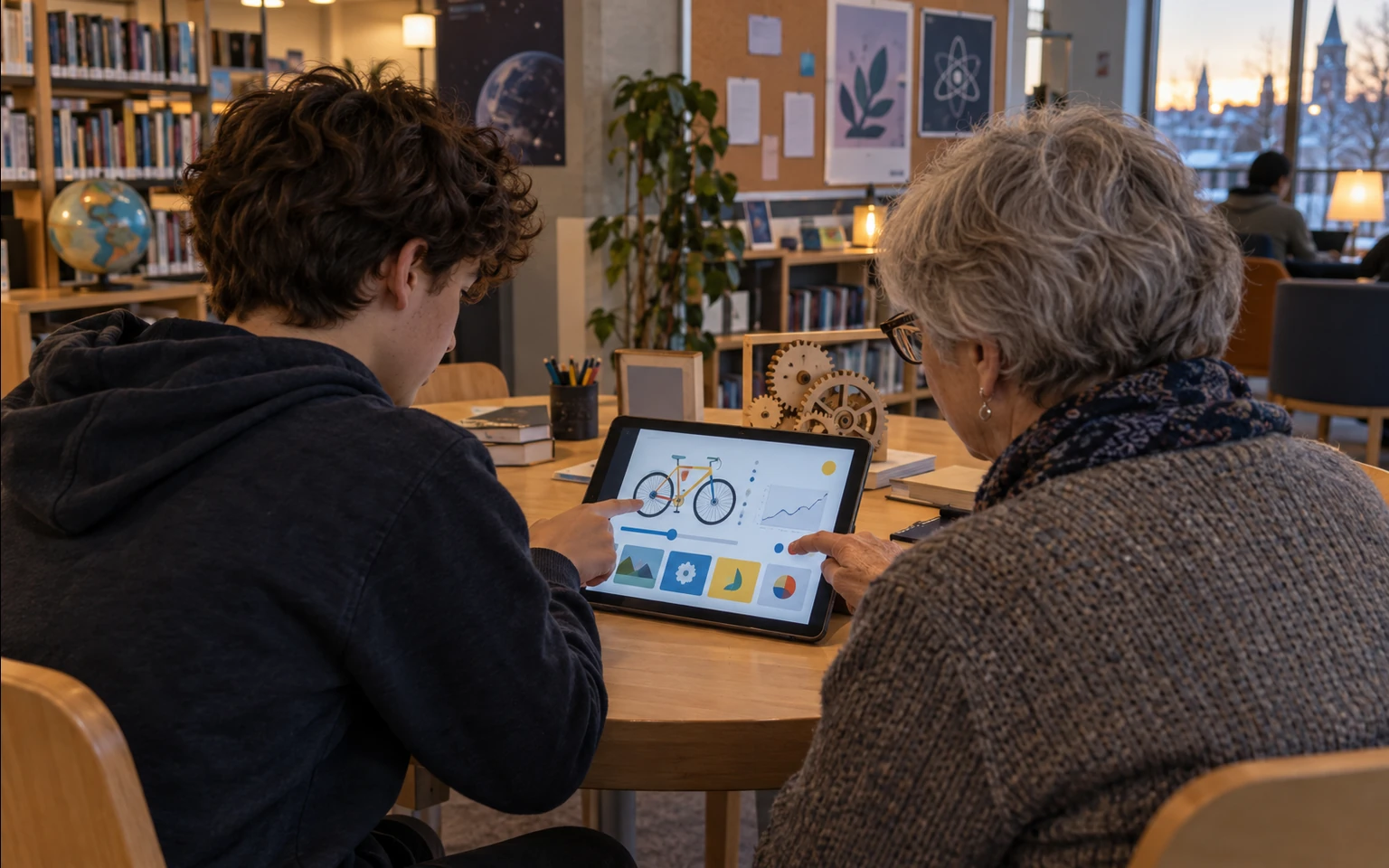 Illustration générée par IA : dans une bibliothèque publique, un adolescent et une femme âgée explorent ensemble sur une tablette un schéma de vélo, un graphique et des commandes interactives sans texte lisible.