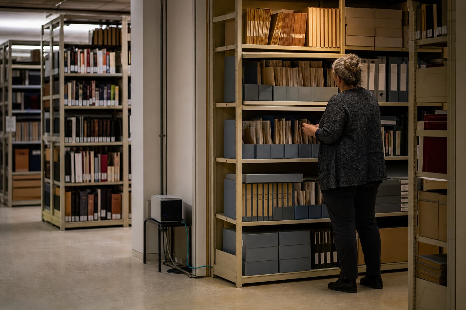 Illustration générée par IA : dans une bibliothèque publique, une femme d’âge mûr observe en plan large des archives et un discret boîtier informatique.