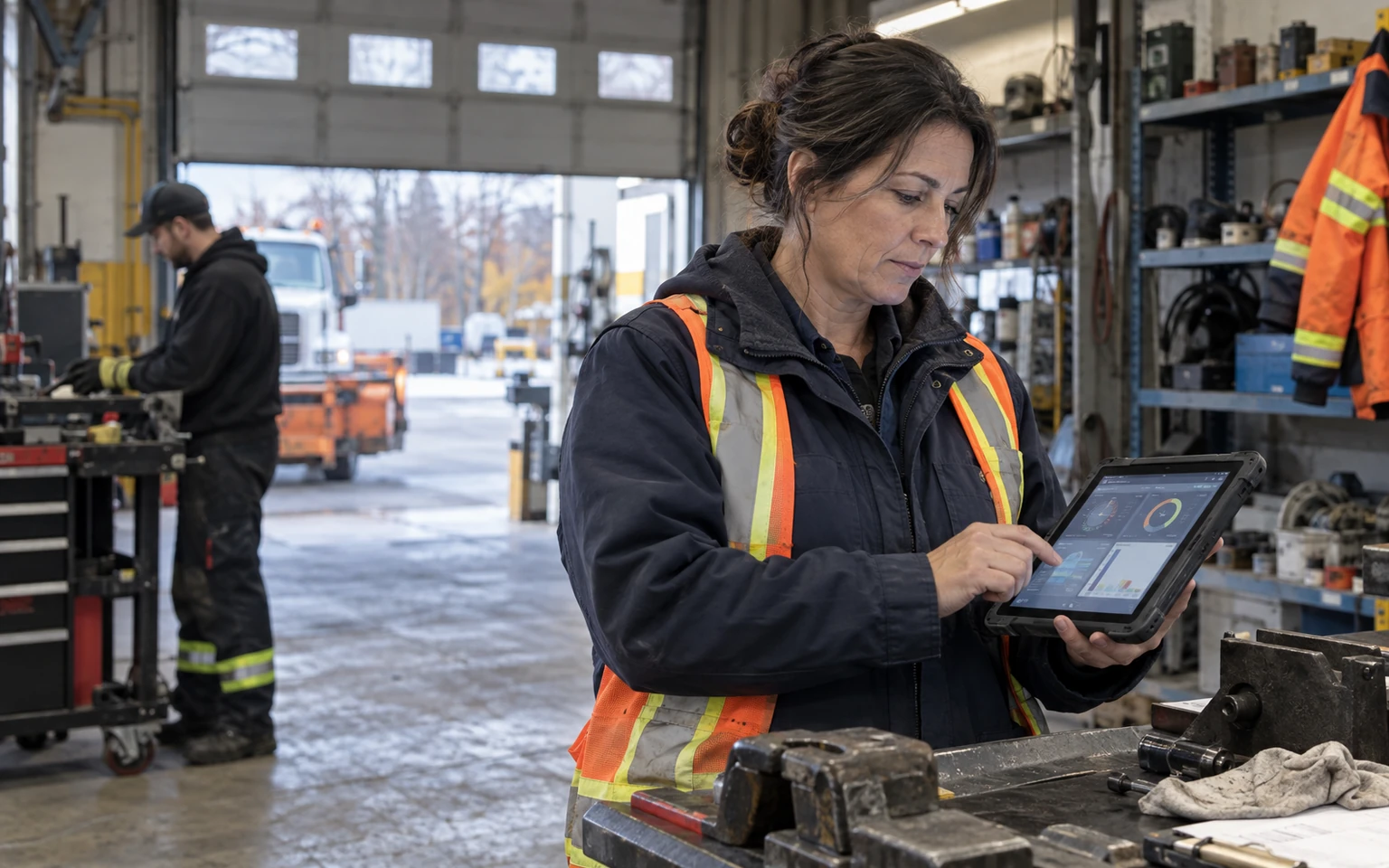 Illustration générée par IA : une superviseure d’atelier municipal consulte une tablette près d’un établi pendant qu’un collègue travaille devant une porte de garage ouverte.