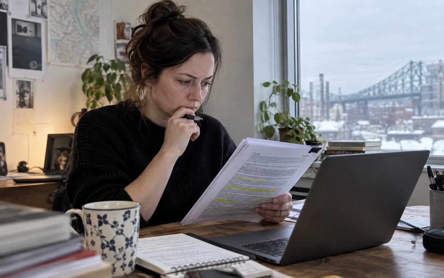 Photo générée par IA : une éditrice compare une étude surlignée à un brouillon d’article.