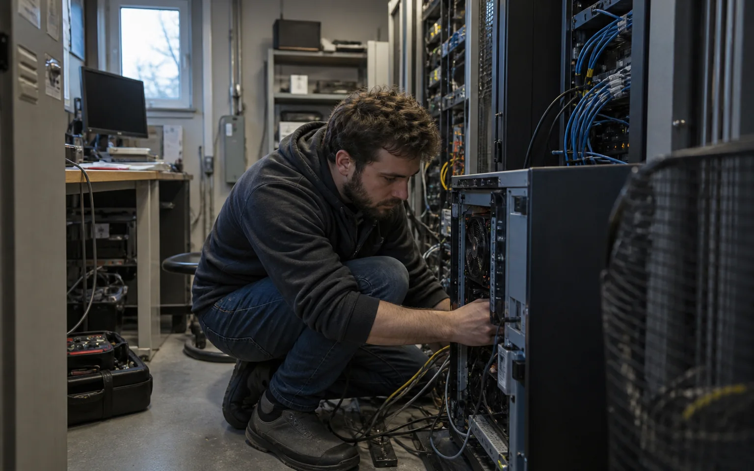Photo générée par IA : un technicien vérifie le câblage et le refroidissement d’un ordinateur local.