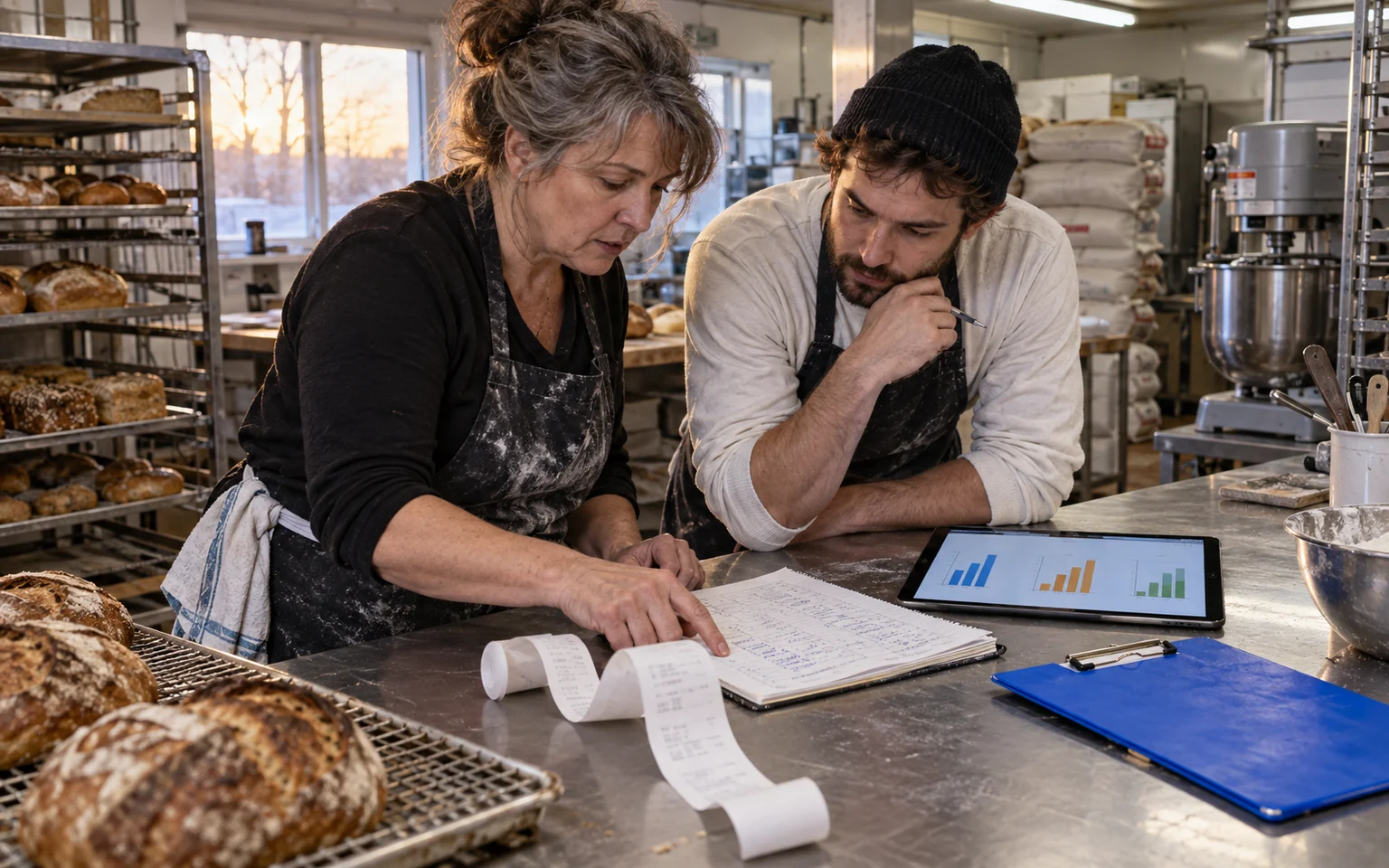Illustration générée par IA : deux boulangers comparent un rouleau de caisse, un registre manuscrit et trois graphiques différents sur une tablette dans leur atelier.