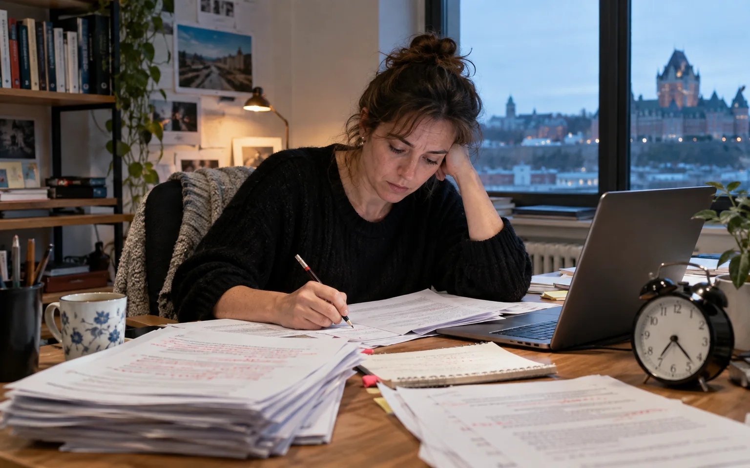 Photo générée par IA : une personne révise un texte imprimé près d’un ordinateur et d’une horloge.