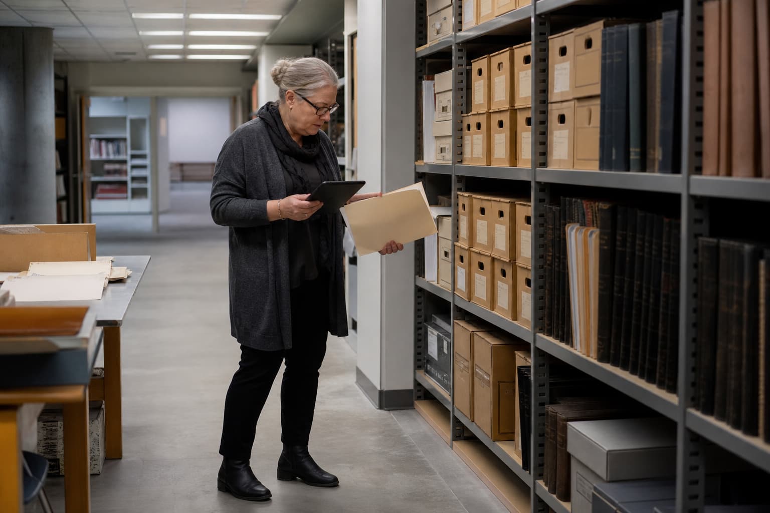 Illustration générée par IA : dans une salle d’archives publique, une femme d’âge mûr examine un dossier numérisé sur une tablette, devant des rayonnages.