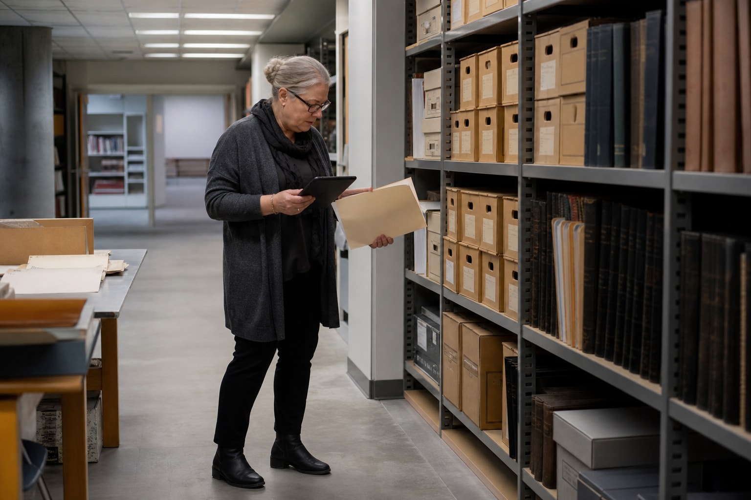 Illustration générée par IA : dans une salle d’archives publique, une femme d’âge mûr examine un dossier numérisé sur une tablette, devant des rayonnages.