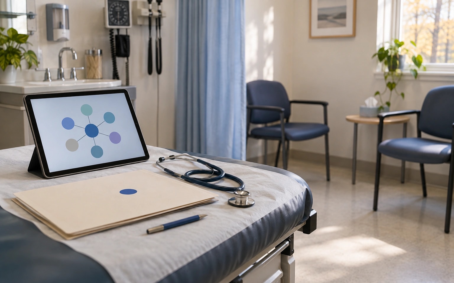 Illustration générée par IA : dans une salle de consultation vide, une tablette affiche sept cercles reliés près d’un dossier papier fermé, d’un stéthoscope et de deux chaises qui se font face.
