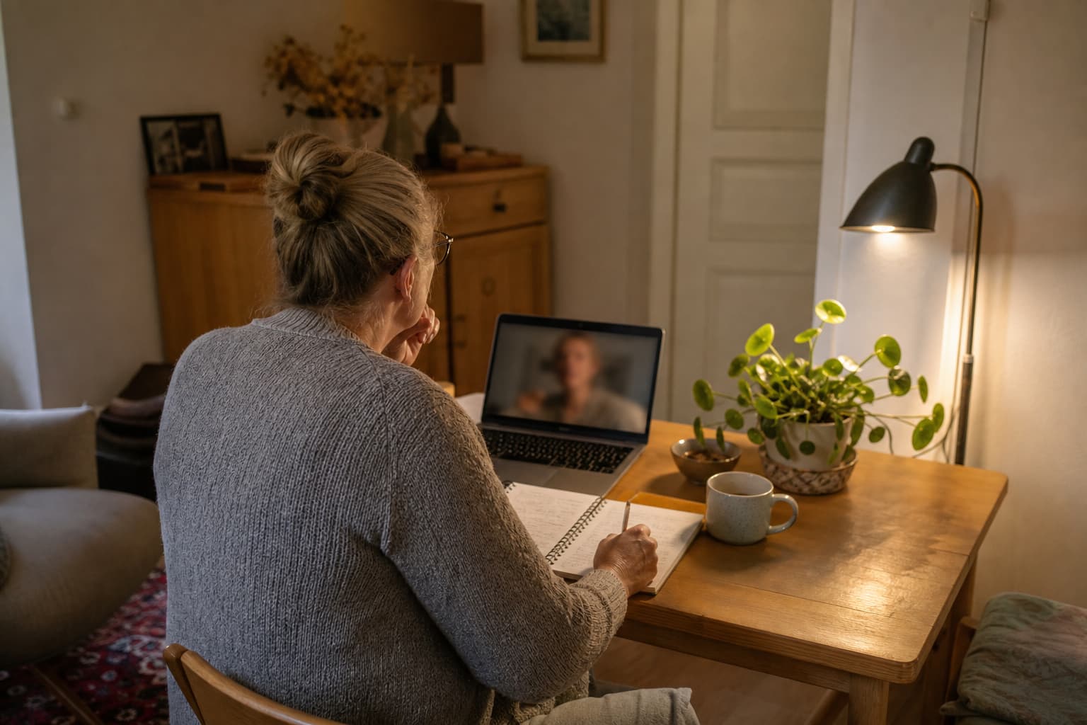 Illustration générée par IA : une travailleuse vue de dos suit une formation sur portable à une petite table de cuisine, avec cahier, tasse et lampe.