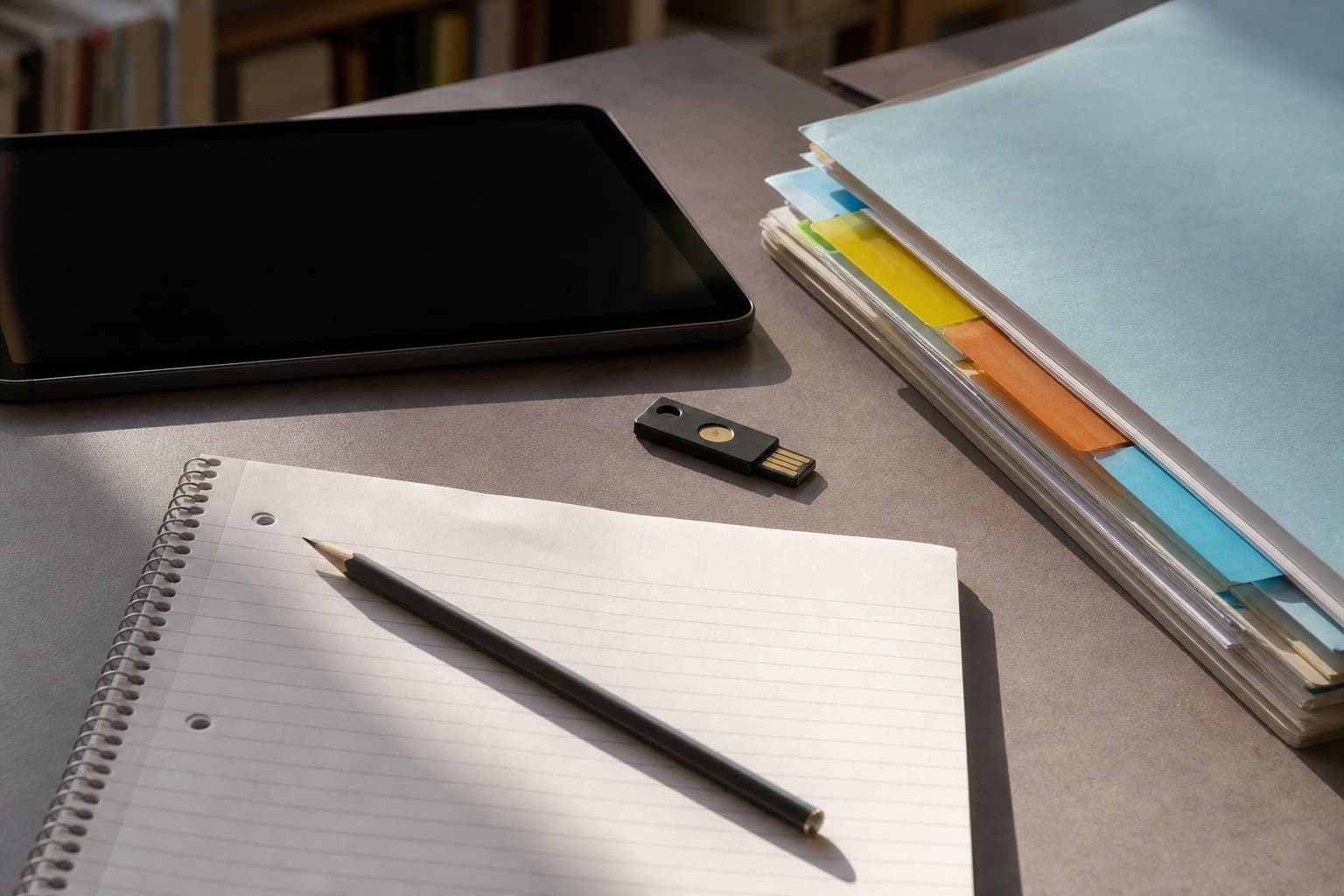 Illustration générée par IA : tablette éteinte, clé de sécurité, cahier scolaire, crayon et dossier contractuel sans texte lisible photographiés de près sous une lumière latérale.