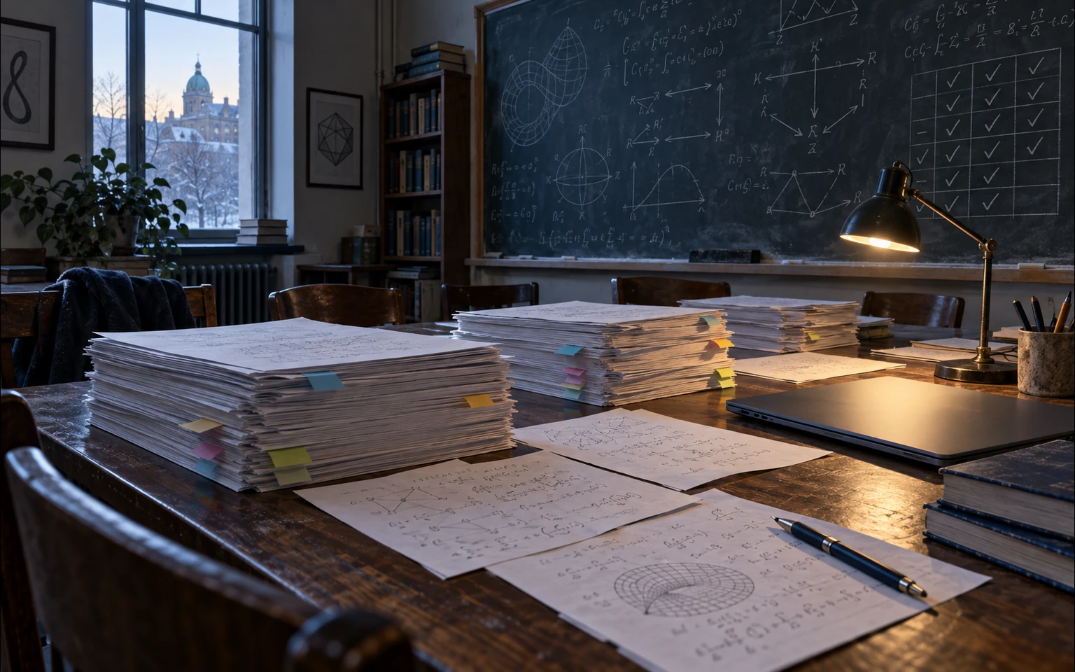 Illustration générée par IA : des piles de manuscrits annotés occupent une table en bois devant un grand tableau couvert de schémas mathématiques, dans une ancienne salle de séminaire vide au lever du jour.