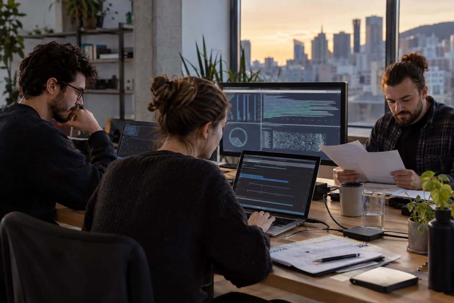 Illustration générée par IA : trois développeurs surveillent un long processus logiciel automatisé dans un bureau montréalais.