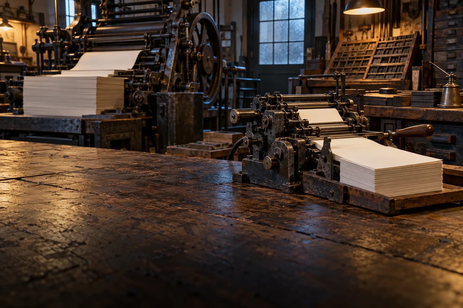 Illustration générée par IA : dans une ancienne imprimerie, une petite presse compacte et une grande presse mécanique produisent des piles semblables de feuilles vierges.