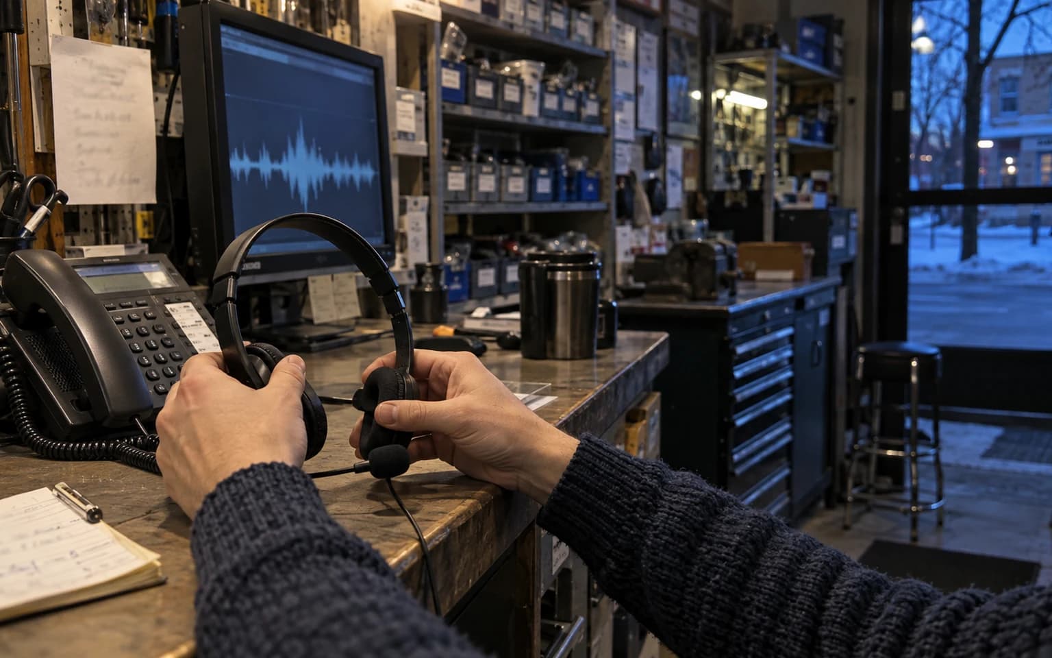 Illustration générée par IA : des mains déposent un casque téléphonique sur le comptoir d’un atelier de réparation québécois.