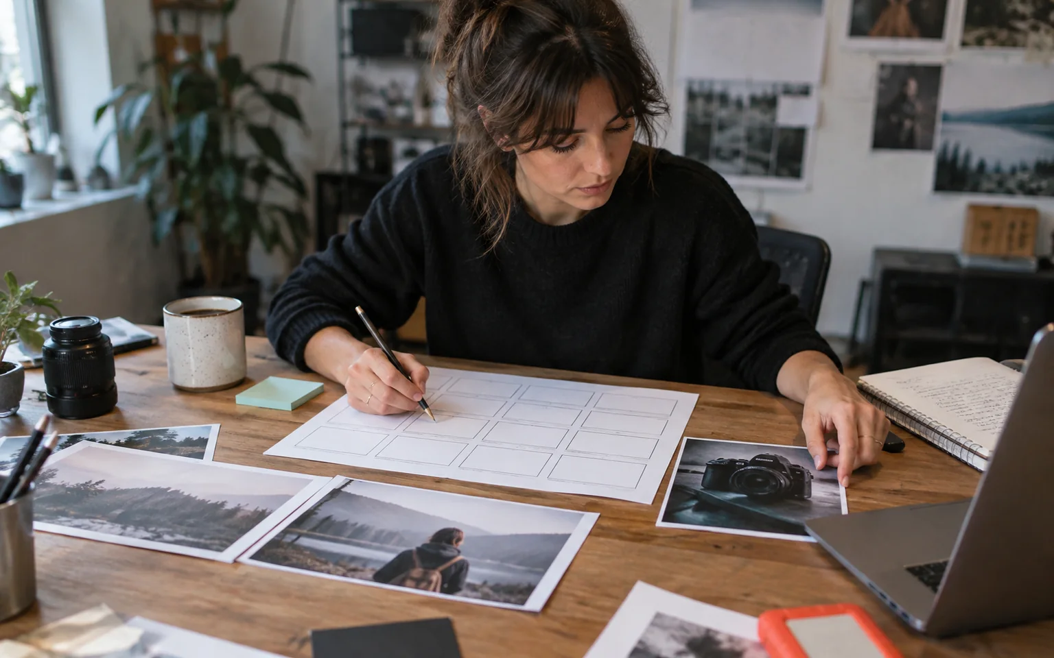 Photo générée par IA : une directrice artistique prépare un cadrage et un scénarimage sur une table.