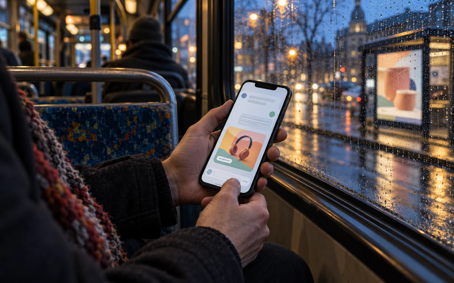 Illustration générée par IA : les mains d’une passagère consultent une carte publicitaire visuelle séparée d’une conversation sur un téléphone, dans un autobus sous la pluie.