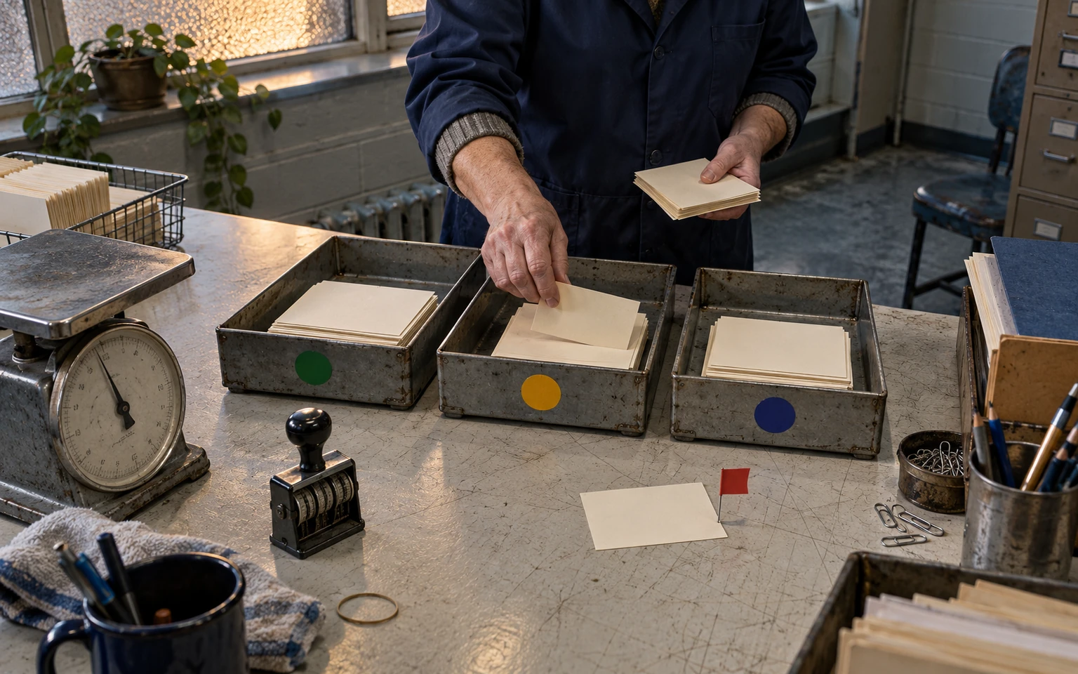 Illustration générée par IA : dans une ancienne salle de tri, les mains d’un employé classent des fiches anonymes dans trois plateaux métalliques marqués de pastilles colorées, tandis qu’une fiche ambiguë porte un petit drapeau rouge pour révision.