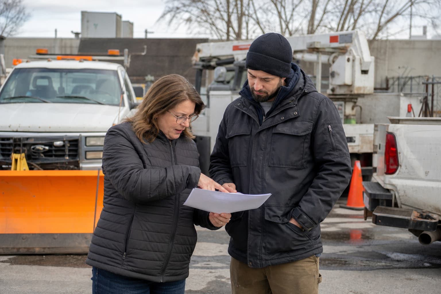 Illustration générée par IA : dans une cour municipale sous un ciel gris, deux responsables examinent des fiches papier près de véhicules de service.